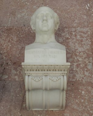 DONAUSTAUF, GERMANY - CIRCA JUNE 2022: Bust of Swiss physician and alchemist Paracelsus aka Theophrast von Hohenheim at Walhalla temple by sculptor Wolff circa 1827