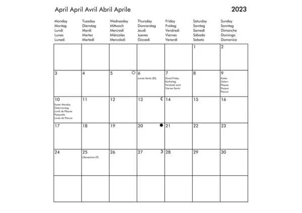 Kwiecień Wielojęzyczny Rok 2023 Kalendarz Języku Angielskim Niemiecki Francuski Hiszpański — Zdjęcie stockowe