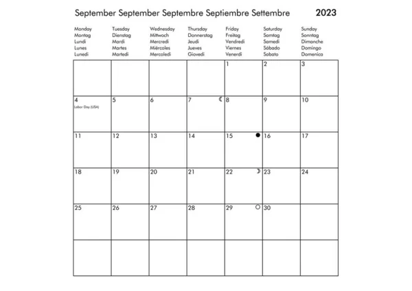 Setembro Ano Multilingue 2023 Calendário Inglês Alemão Francês Espanhol Italiano — Fotografia de Stock