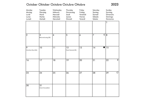 Octubre Año Multilingüe 2023 Calendario Inglés Alemán Francés Español Italiano —  Fotos de Stock