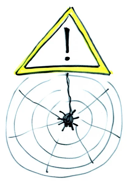 蜘蛛的危险在手绘标志之间滑稽而令人毛骨悚然 — 图库照片