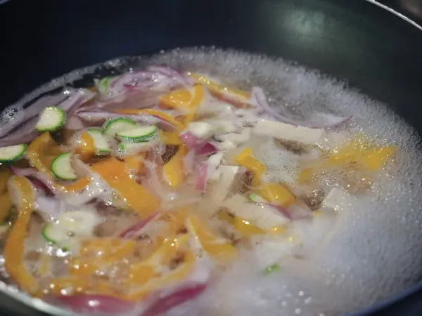 Preparation Asian Food Chopped Vegetables Tofu Frying Pan — Zdjęcie stockowe