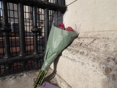 LONDON, UK - CIRCA ECTOBER 2022: Majesteleri Kraliçe 2. Elizabeth için Buckingham Sarayı önünde kırmızı güller