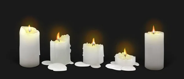 Set van brandende witte kaarsen op een zwarte achtergrond — Stockvector