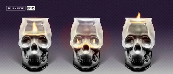 Transparenter Totenkopf aus Glas mit Kerze im Inneren. — Stockvektor