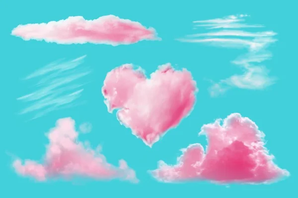 Realisticset di nuvole rosa su sfondo blu. Vettoriale Stock