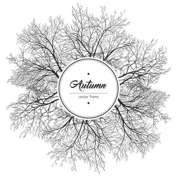 Marco de árbol de otoño redondo blanco y negro — Vector de stock