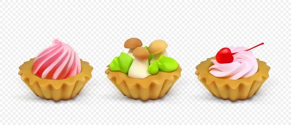 Ensemble de paniers à gâteaux avec crème sur fond transparent — Image vectorielle