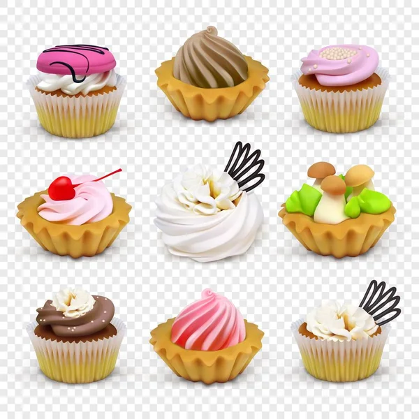 Set of cakes baskets with cream on transparent background — Stock Vector