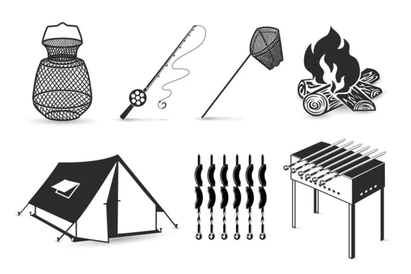 Fishing and camping icons set isolated on white background. — Stock Vector