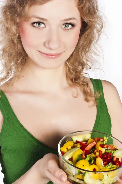 Krásná atraktivní blondýnka s užitečné potravin — Stock fotografie