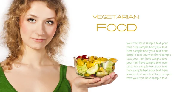 Young blonde on a white background. Useful Vegetarian eating — Stock Photo, Image