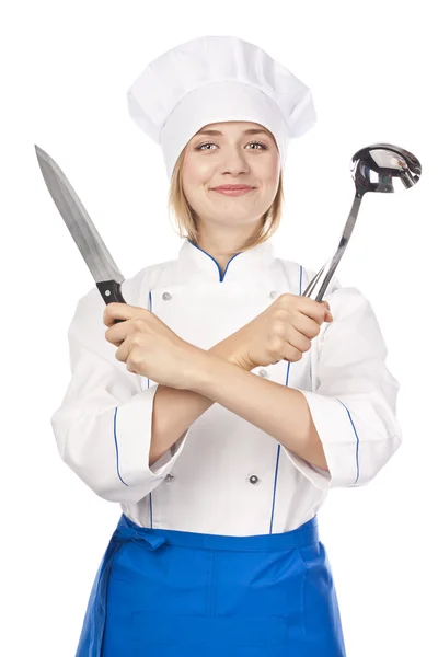 Aantrekkelijke cook vrouw een witte achtergrond — Stockfoto