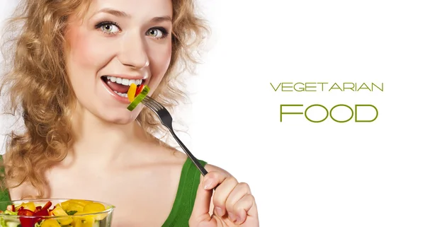 Young blonde on a white background. Useful Vegetarian eating — Stock Photo, Image