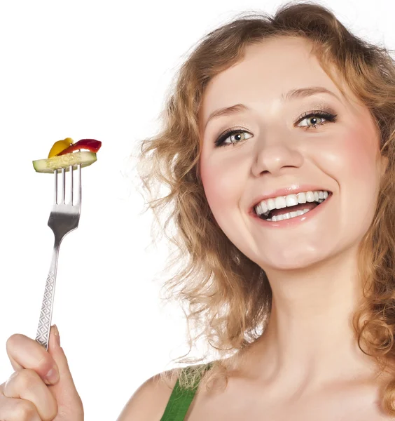 Linda loira atraente com uma comida útil — Fotografia de Stock