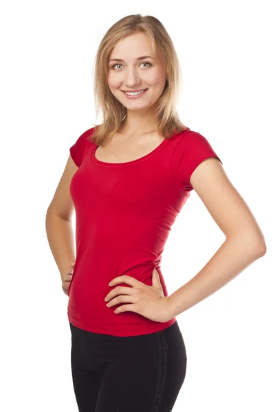 Attractive smiling blond in studio, white background — Stock Photo, Image