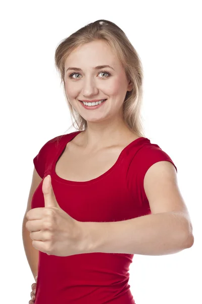 Attractive smiling blond in studio, thumbs up — Stock Photo, Image