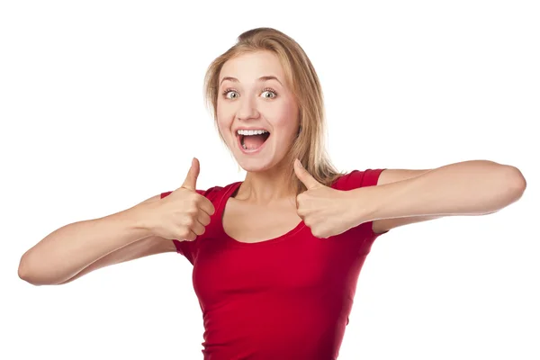 Aantrekkelijke vrouwelijke student in een rood, thumbs-up — Stockfoto