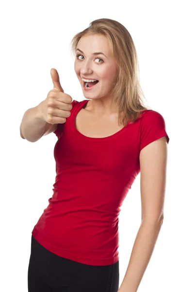 Attractive smiling blond in studio, thumbs up — Stock Photo, Image