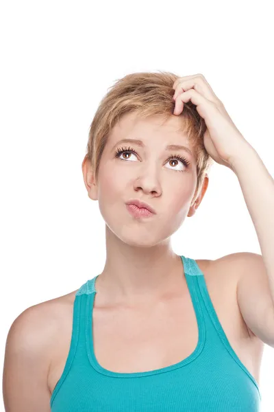 Thinking woman looking up — Stock Photo, Image