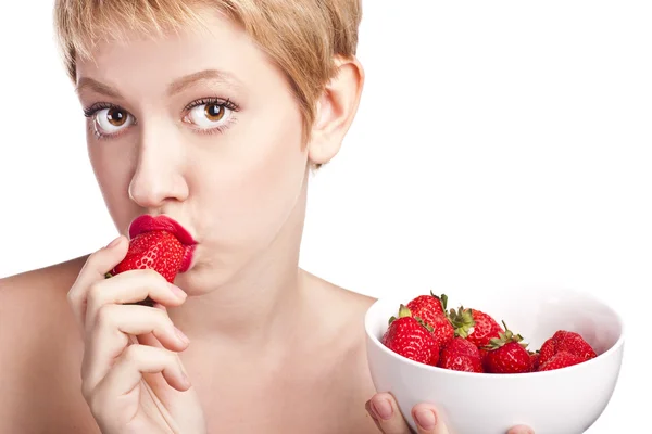 Jeune femme dans les mains d'aliments sains — Photo