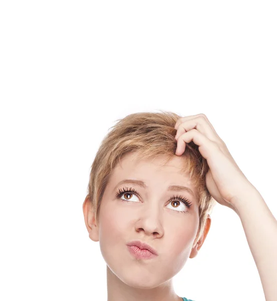 Thinking woman looking up — Stock Photo, Image