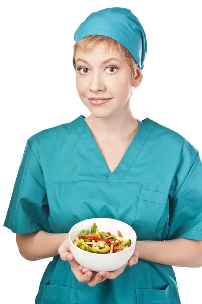 Jovem médico. Estilo de vida saudável. Estúdio fundo branco — Fotografia de Stock