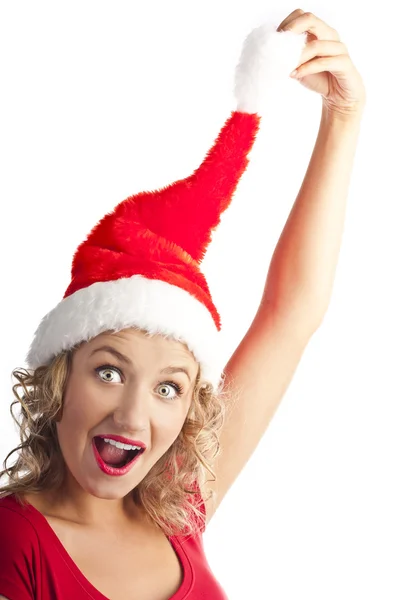 Belle jeune chapeau de Père Noël souriant sur blanc — Photo