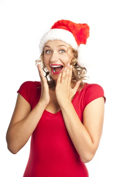 Mujer de Navidad con sombrero de santa. estudio filmado sobre fondo blanco — Foto de Stock