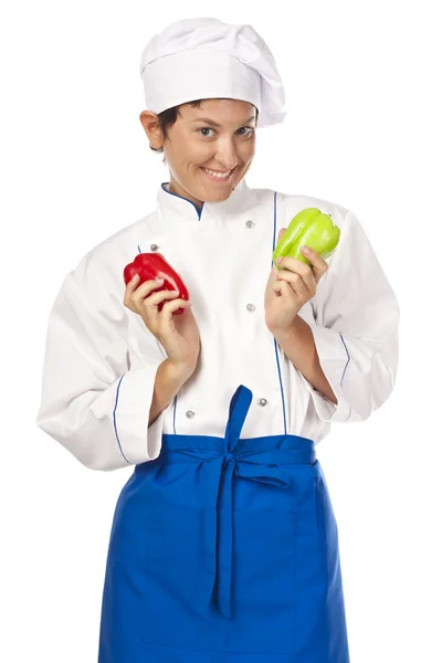 Positieve chef-kok met paprika in de hand. — Stockfoto