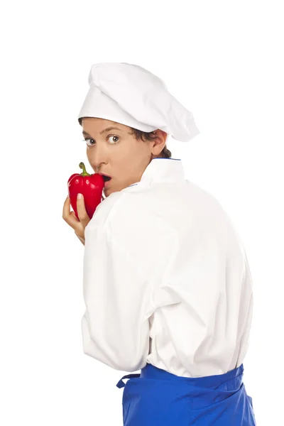 Young woman dressed as a cook with useful food — Stock Photo, Image