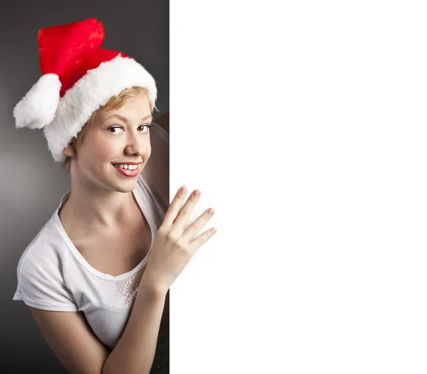 Sexy woman happy and holding empty banner — Stock Photo, Image