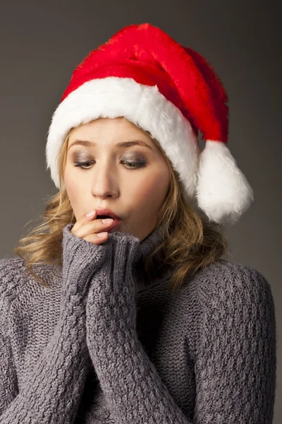 Christmas woman in sweater isolated on black — Stock Photo, Image