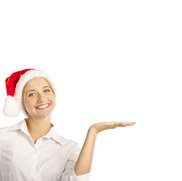 Young girl in a Santa hat in the studio on a white — Stock Photo, Image