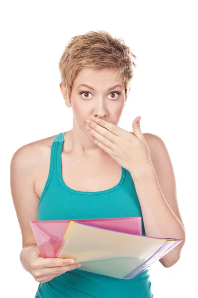 Girl short-haired student with textbooks in hands — Stock Photo, Image