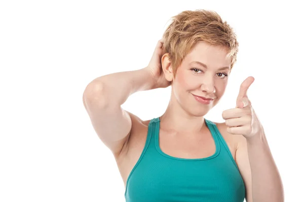 Picture of attractive young woman with her finger up — Stock Photo, Image