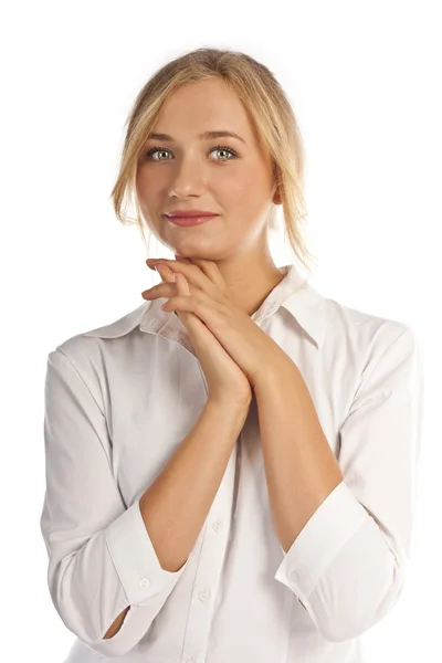 Портрет улыбающейся деловой женщины, изолированной на белом фоне — стоковое фото
