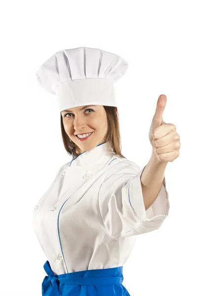 Glad chef showing thumbs up and looking at camera — Stock Photo, Image