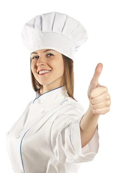 Portrait of happy cook showing thumbs up. isolated — Stock Photo, Image