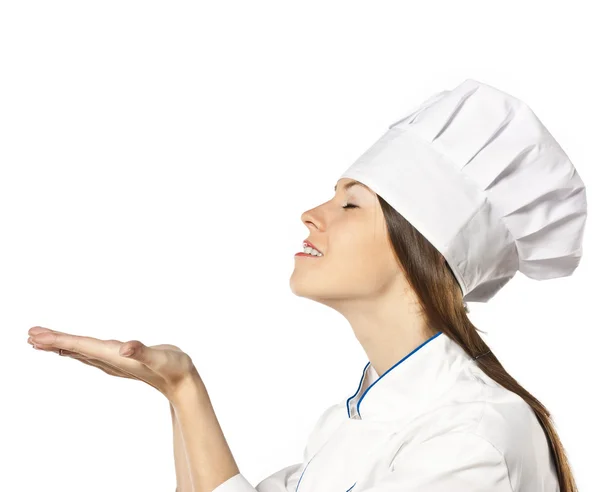 Retrato sorriso cozinhar no estúdio em um fundo branco — Fotografia de Stock