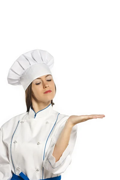 Happy chef holding an open hand. paste your text — Stock Photo, Image