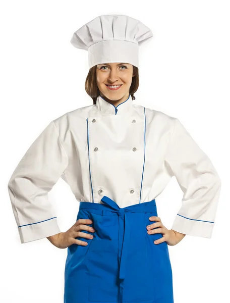 Porträtt av smiley kvinnliga kock i uniform. isolerad på vit bakgrund — Stockfoto