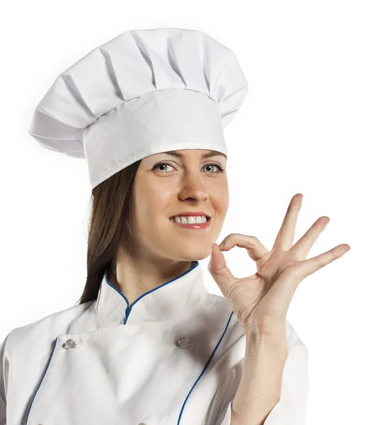 Positividad cocinero joven mostrando signo aceptable. aislado sobre fondo blanco — Foto de Stock