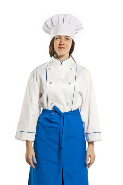 Young chef in white uniform isolated on white, studio shot — Stock Photo, Image