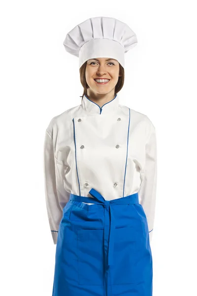 Young female cook looking at camera and smiling. isolated on white background — Stock Photo, Image