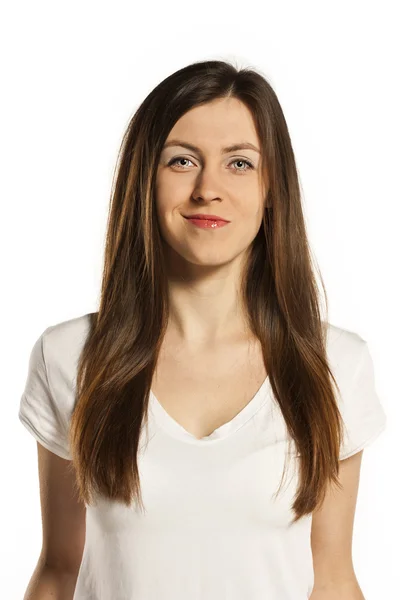 Excitée jeune femme dans le t-shirt blanc — Photo