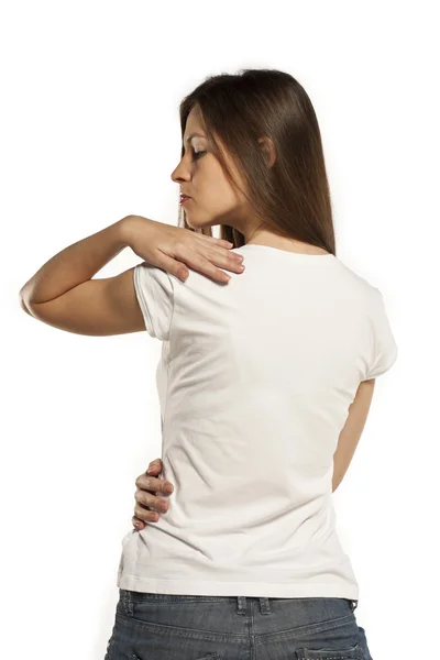 Young woman in blank white t-shirt, isolated on white background — Stock Photo, Image