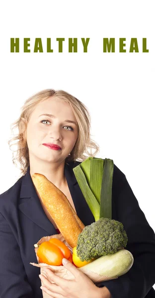 Vrouw met een zakhoogtepunt van gezond voedsel. winkelen — Stockfoto