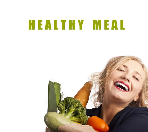 Foto van positieve vrouw met vegetarisch voedsel — Stockfoto