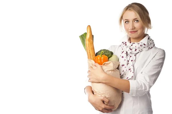 Image de femme positive avec de la nourriture végétarienne — Photo